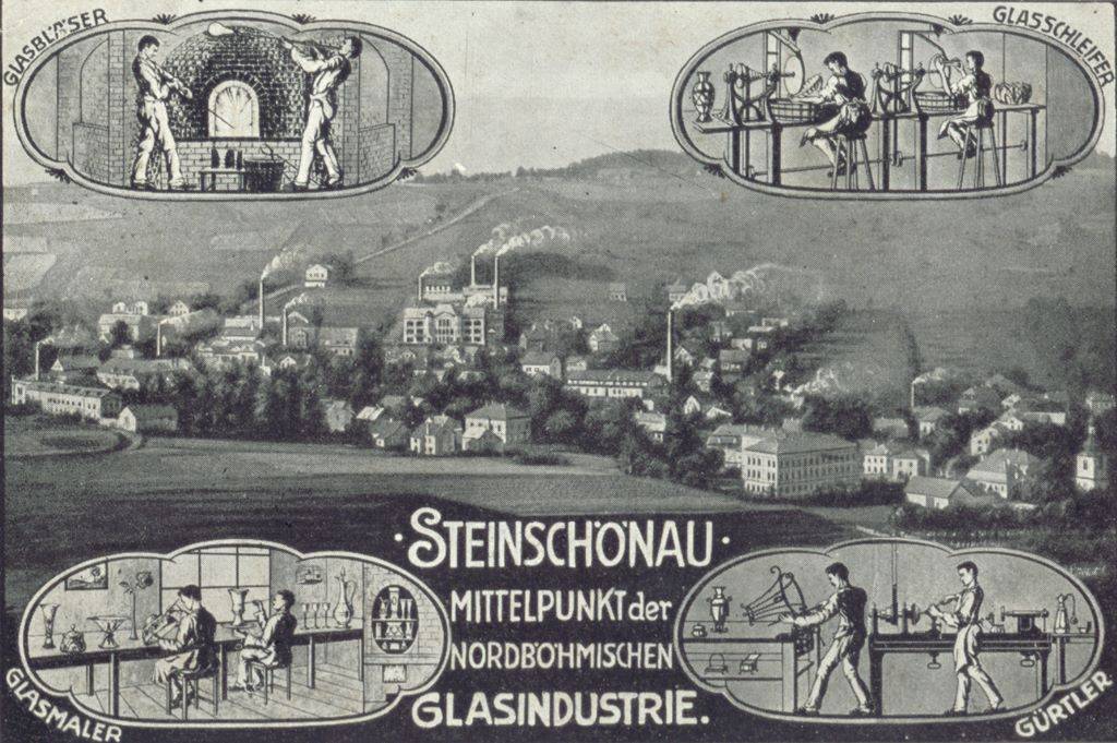 Historic postcard of Kamenický Šenov depicting glassmaking trades